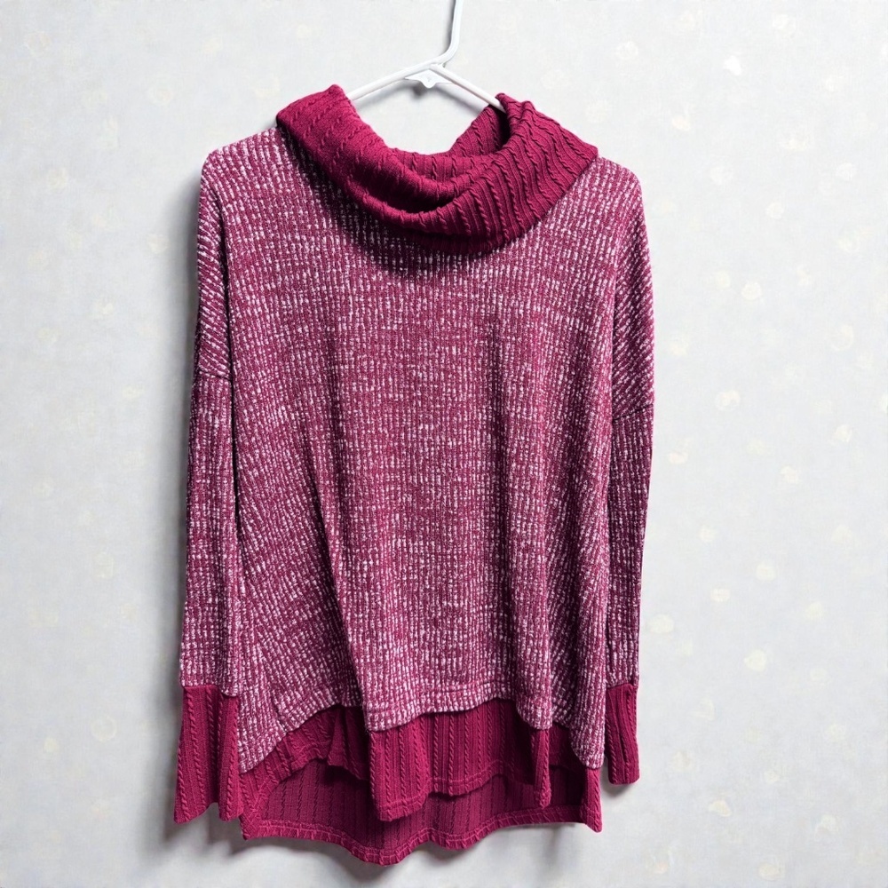 Suzanne Betro Cowl Neck Sweater Women’s Large Burgundy Textured Layered Hem NWOT